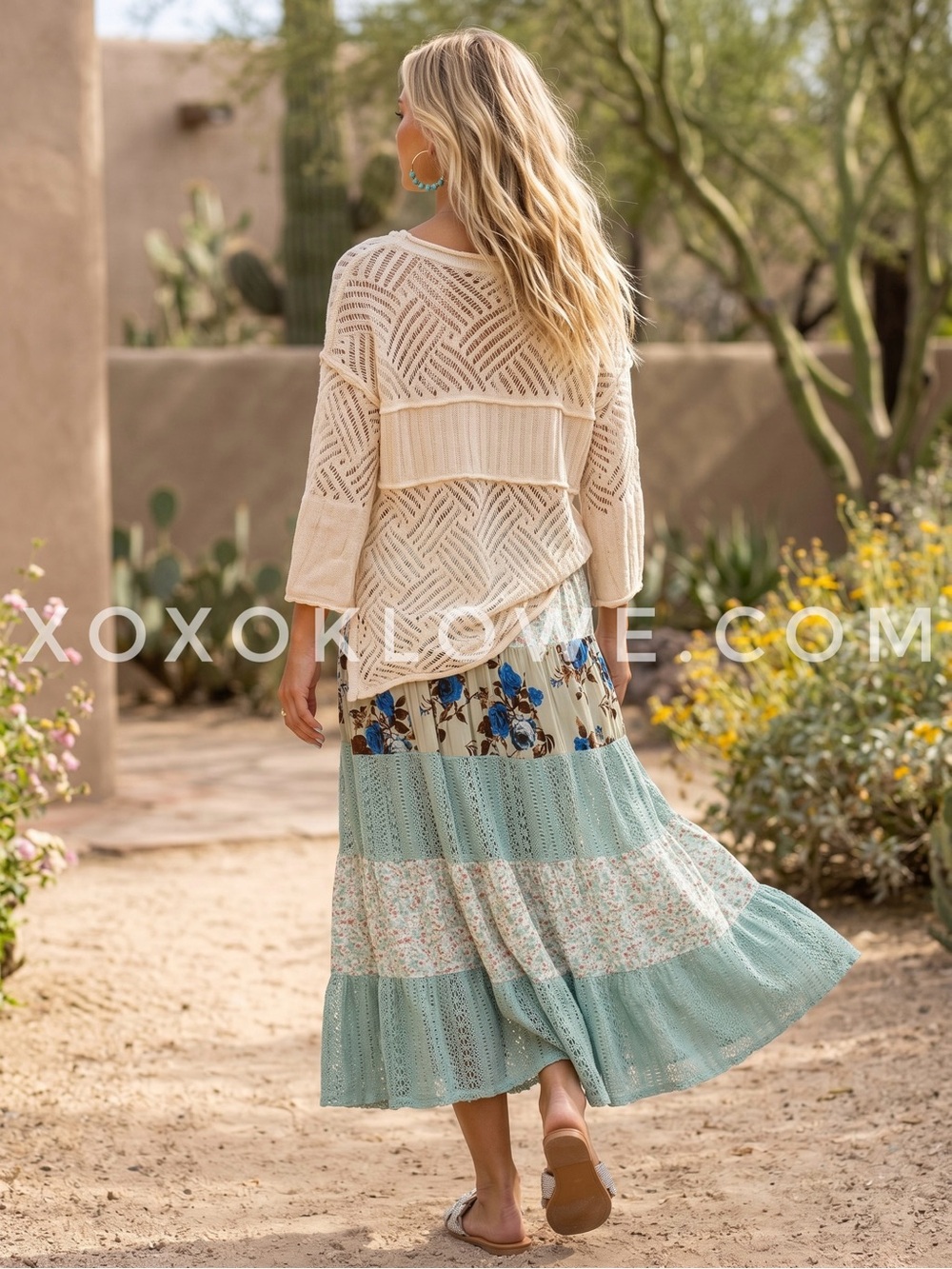 POL Sage Green Floral Patchwork Maxi Skirt | Mint Boho Tiered Lace Flowy - Picture 5 of 10
